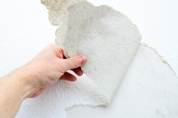 Hand peeling away old, textured wallpaper from a white wall