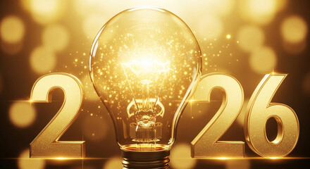 Golden 2026 year with light bulb, symbol of new ideas and innovation for the future