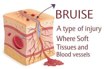 An educational illustration depicting the anatomy of the skin and the internal structure of a bruise with broken blood vessels and accumulated blood