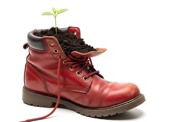 A red leather work boot repurposed as a planter, with soil and a small green plant growing from it, isolated on a white background