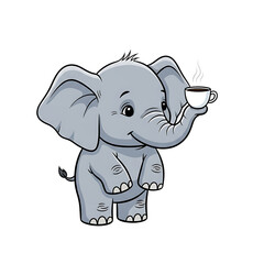 Fototapeta premium Cute baby elephant holding a steaming cup of coffee isolated on transparent background