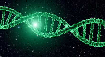 Green spiral helix structure, like molecule strand, on dark starry sky, representing gene, code or biological system concept, perfect for science, medical themes