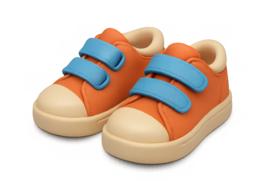 Pair of orange toddler sneakers with blue velcro straps, offering comfortable footwear for kids and babies, transparent background