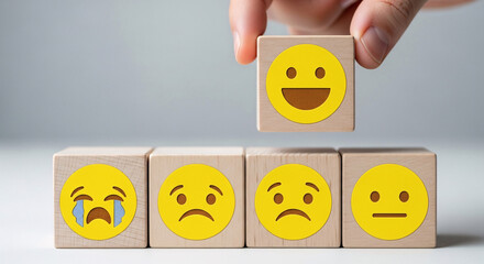 Wooden cube with emotion face, customer choose happy smile face, service rating, satisfaction
