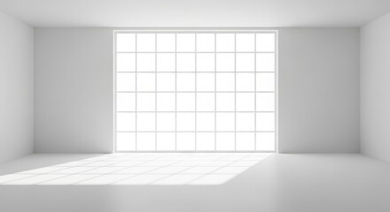 A bright, modern, empty room with a large grid window letting in natural light and casting geometric shadows on the floor