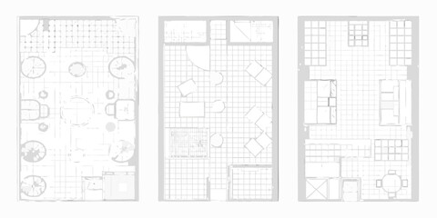 Minimalist architectural floor plans of three different interior spaces with furniture and layout designs