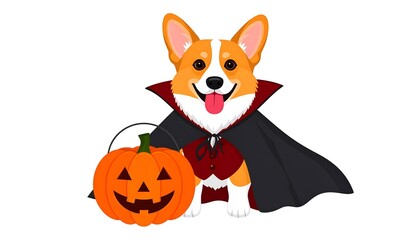 Obraz premium A Cute Corgi Dressed as a Vampire for Halloween Holding a Pumpkin