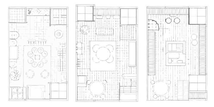 Top down architectural sketches of three distinct interior floor plans showing furniture layouts and room divisions