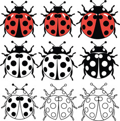 Collection of ladybugs in different styles and colors