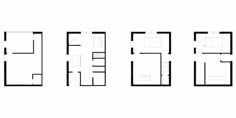 Simple hand drawn floor plans of a multi level house showing different room layouts