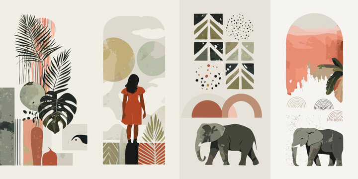 Abstract mid century modern collage with tropical leaves elephants and a woman in a red dress