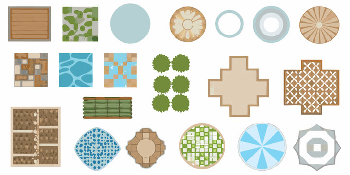Collection of top down architectural and landscape design elements for garden and patio planning