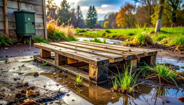 Broken Wooden Pallet in Mud Beside Utility Box After Rain