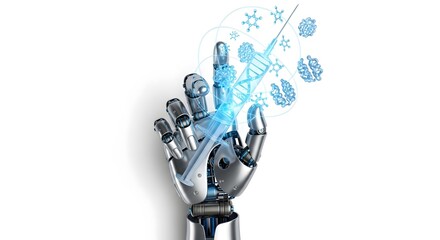 Robotic arm holding a glowing syringe with genetic molecules (DNA/protein). Symbolizes AI-driven drug development, gene therapy, future vaccination, and medical research technology.