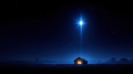 Wooden Stable at Dark Blue Starry Night, Jesus Christ Birth Concept