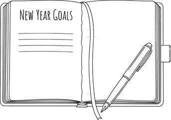 Open notebook with new year goals and pen ready for planning and resolutions