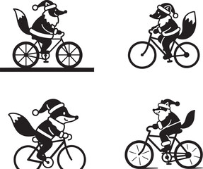 Festive Fox Cyclists A Collection of Christmas Animal on Bicycle Silhouette Illustrations and Vector Graphics