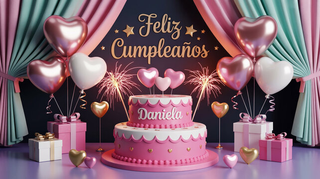 Happy birthday cake with balloons and gifts, festive celebration