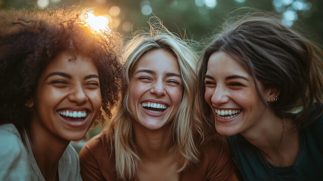Diverse group of friends laughing outdoors, inclusion and connection concept, authentic emotions and real life moments - Powered by Adobe