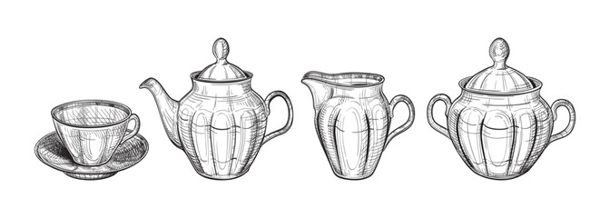Tea service. Vector hand-drawn illustration of a teapot, cup, saucer, sugar bowl, milk jug in the style of engraving. Ceramic kitchen utensils. A black and white sketch isolated on a white background