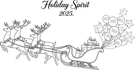 Holiday spirit 2025 with reindeer pulling a sleigh full of gifts and balloons © qamar