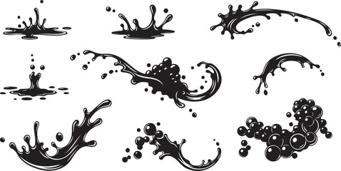 Black Ink Splashes and Bubbles Liquid Droplets and Waves Collection Keywords splash, splatter, liquid, water