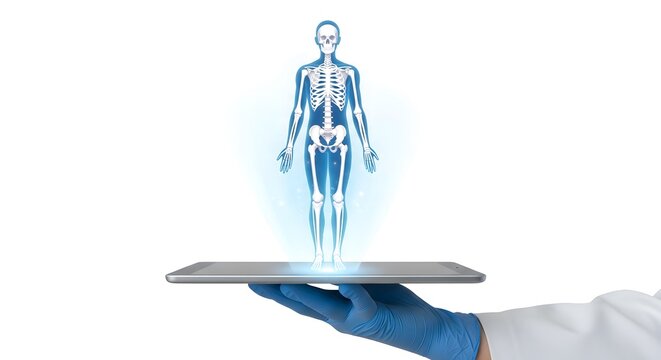Hand in blue glove holds a tablet projecting a 3D skeleton hologram. Represents medical innovation, remote diagnostics, virtual anatomy study, and the future of telemedicine.
- Powered by Adobe