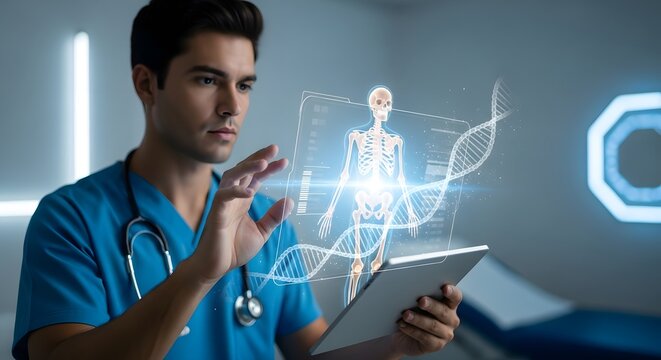 Doctor holding a tablet interacting with a futuristic medical hologram displaying human anatomy and health data charts. Concepts: digital diagnosis, telemedicine, AI-driven healthcare, and innovation.