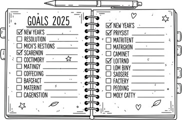 Open notebook showing goals for 2025 with a pen resting on top of it