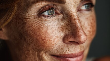 Fototapeta premium Close-Up Portrait of a Confident Middle-Aged Woman with Freckles and Natural Beauty Showcasing Unique Features and Characterful Expressions