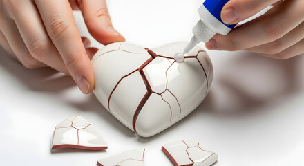 Concept Image of Mending Broken Heart Using Glue to Repair Emotional Healing Process to Symbolize Recovery From Heartbreak and Rebuilding Love and Relationships on White