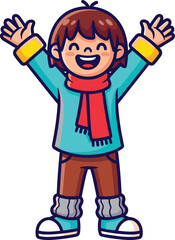 Cartoon child with raised arms, joyful expression, turquoise shirt, red scarf, brown pants, cheerful pose, happy mood, celebration moment, vector illustration, white background