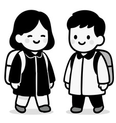 Vector kids with backpacks walking to school, cute monochrome style