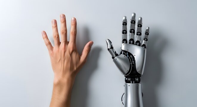 Human hand and robot hand side by side on white. Concept of AI, future technology, bionics, and human machine comparison.

