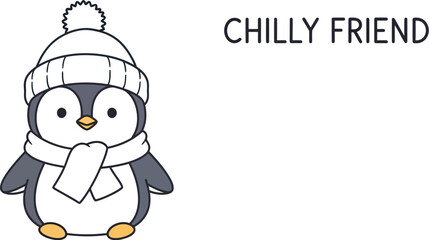 Cute penguin wearing a hat and scarf on a light blue background illustration