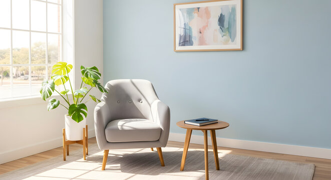 Comfortable armchair and plant near window in light blue interior creating peaceful reading nook inviting corner with soft light and calming atmosphere