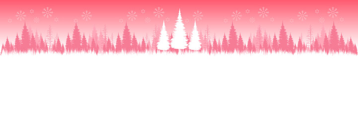Wide screen holiday banner with a minimalist snowy forest in pink tones and large copy space.