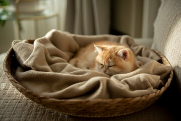 A Golden British Shorthair Kitten curls up and sleeps on the blanket of her cosy cat bed partially bathed by the sunlight on a couch in the living room of a house in Edinburgh, Scotland, UK