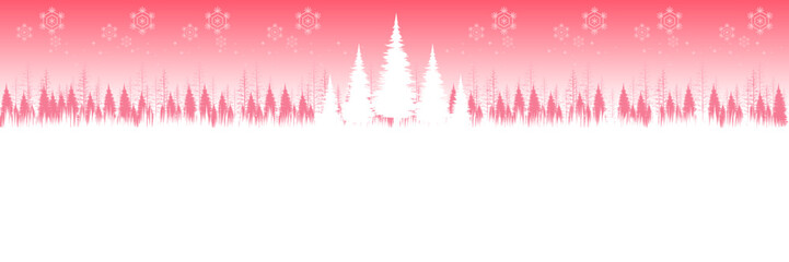 Modern vector background of a pink winter forest with snow and ample blank space for holiday text.