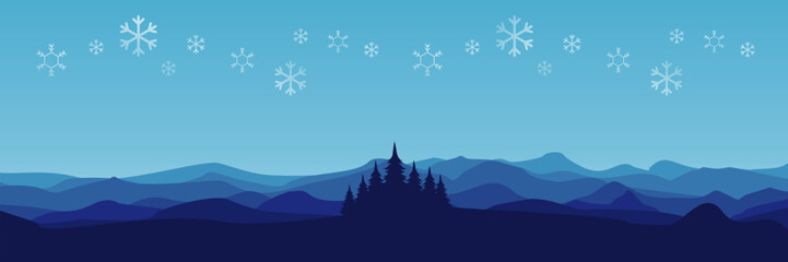 Wide screen vector illustration of a serene winter scene with a coniferous forest layered hills and falling snowflakes with copy space.