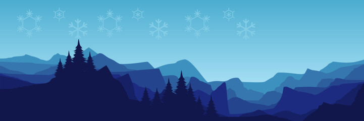 Atmospheric Christmas and New Year holiday banner with a tranquil blue forest and mountain landscape under a snowy sky.