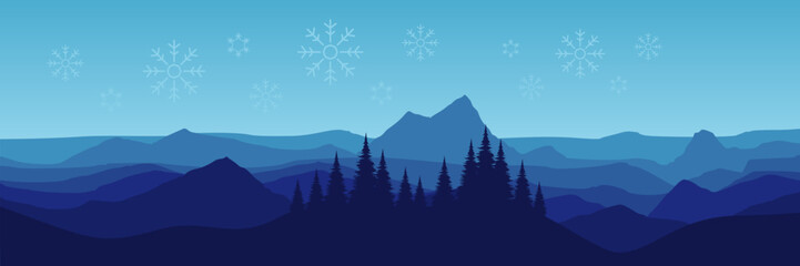 Minimalist flat design winter background with a cold mountain range fir trees and falling snow providing ample copy space for text.