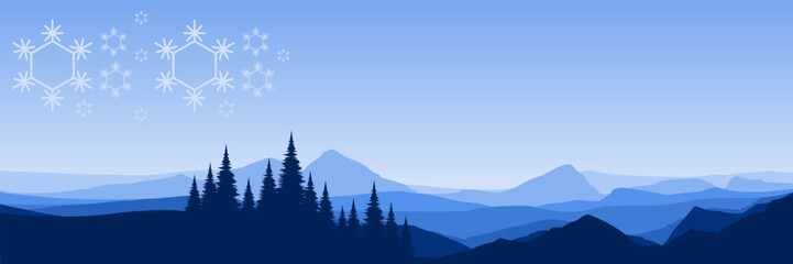 Panoramic winter vector landscape with a blue silhouette of a pine forest and layered mountains under a snowy sky.