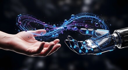 Human and robotic hands exchanging digital energy flow. Concept of Artificial Intelligence, data transfer, future networking, and collaborative innovation.
