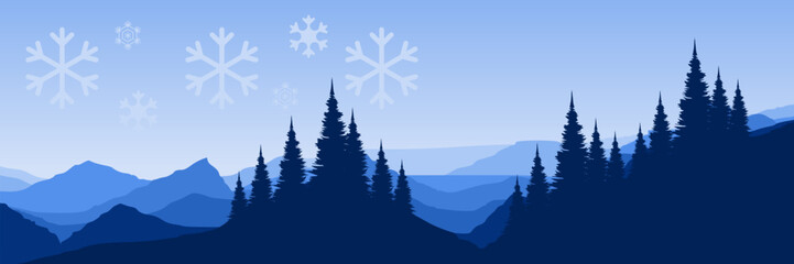 Serene vector illustration of a peaceful winter wilderness with falling snow ideal for a seasonal website banner or presentation.