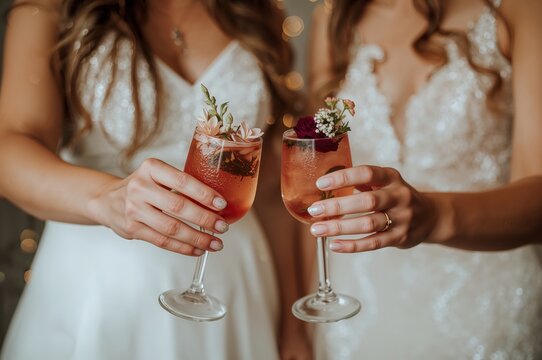 Bride and best friend toast sparkling rose mocktail adorned with edible flowers