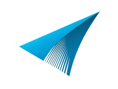 Futuristic blue paper airplane with sleek, modern design and dynamic curves, symbolizing innovation, creativity, and forward movement, isolated on transparency background