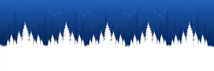 Minimalist flat design winter scene with a snow-covered ground fir tree silhouettes and ample blank space for a holiday greeting card.