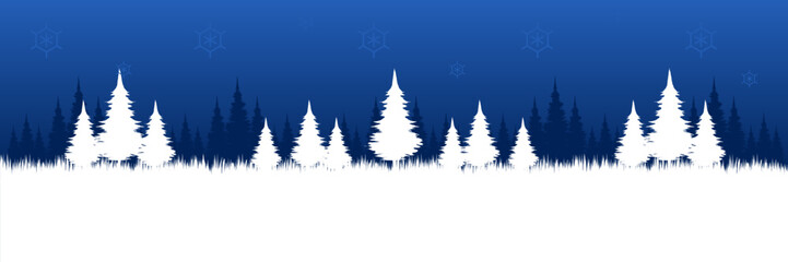 Clean and modern winter forest illustration with white snowfield perfect as a seasonal website header or presentation background.