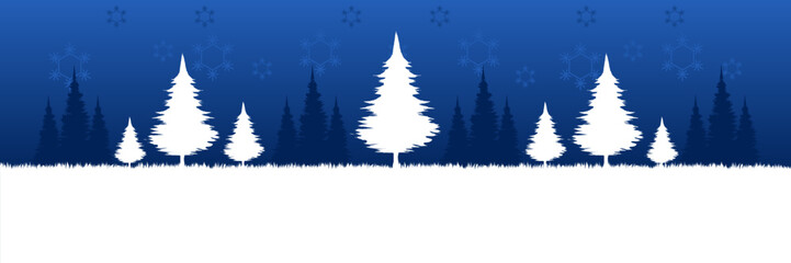 Panoramic winter vector background with white and blue silhouette pine trees falling snowflakes and a large snow copy space for text.